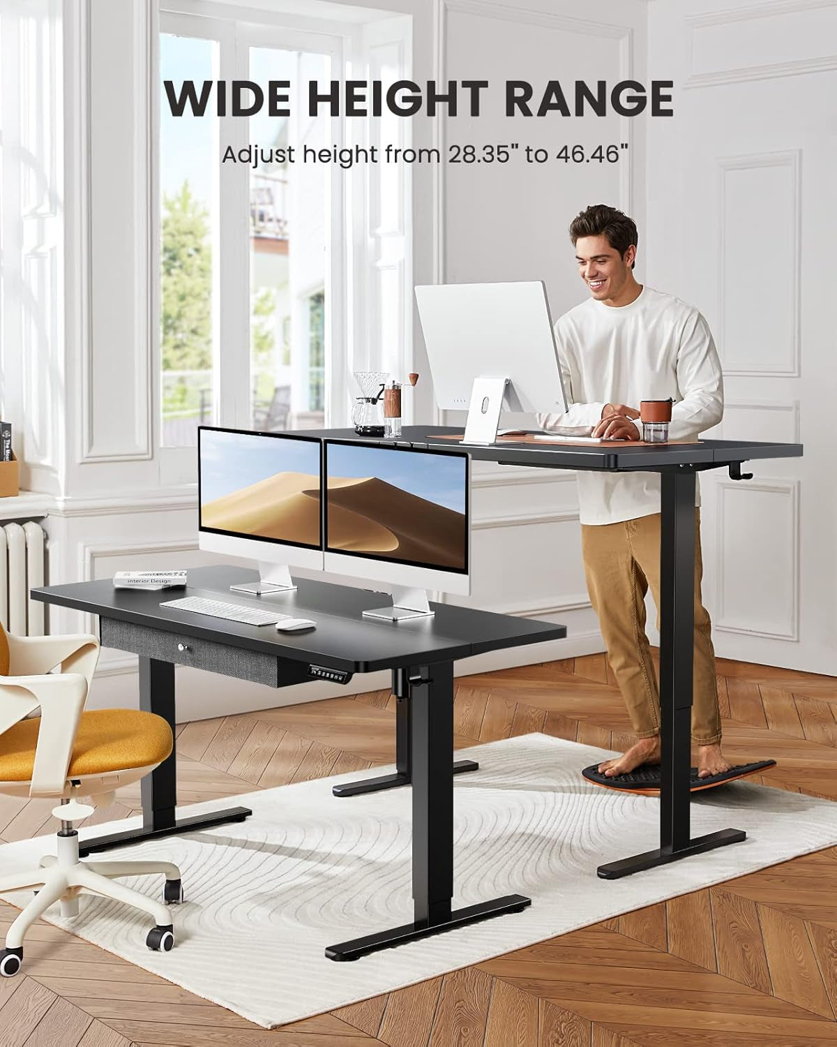 Electric Standing Desk with Drawer, Adjustable Height Sit Stand up Desk, Home Office Desk Computer Workstation, 48X24 Inches, Black